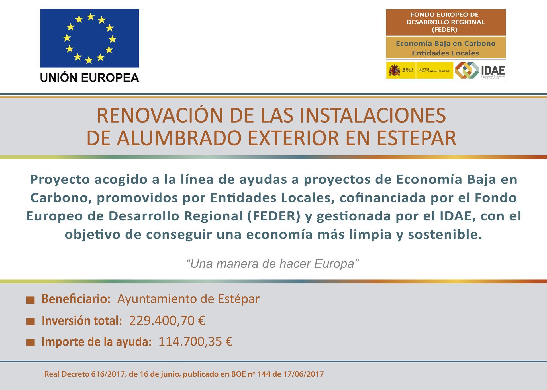 Financiación por el IDEA de la Obra de Renovación de las Instalaciones de alumbrado público en las once localidades del Municipio de Estépar.