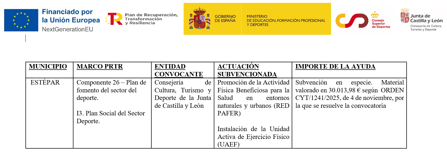 Ayudas PRTR Consejo Superior de Deportes en Estépar